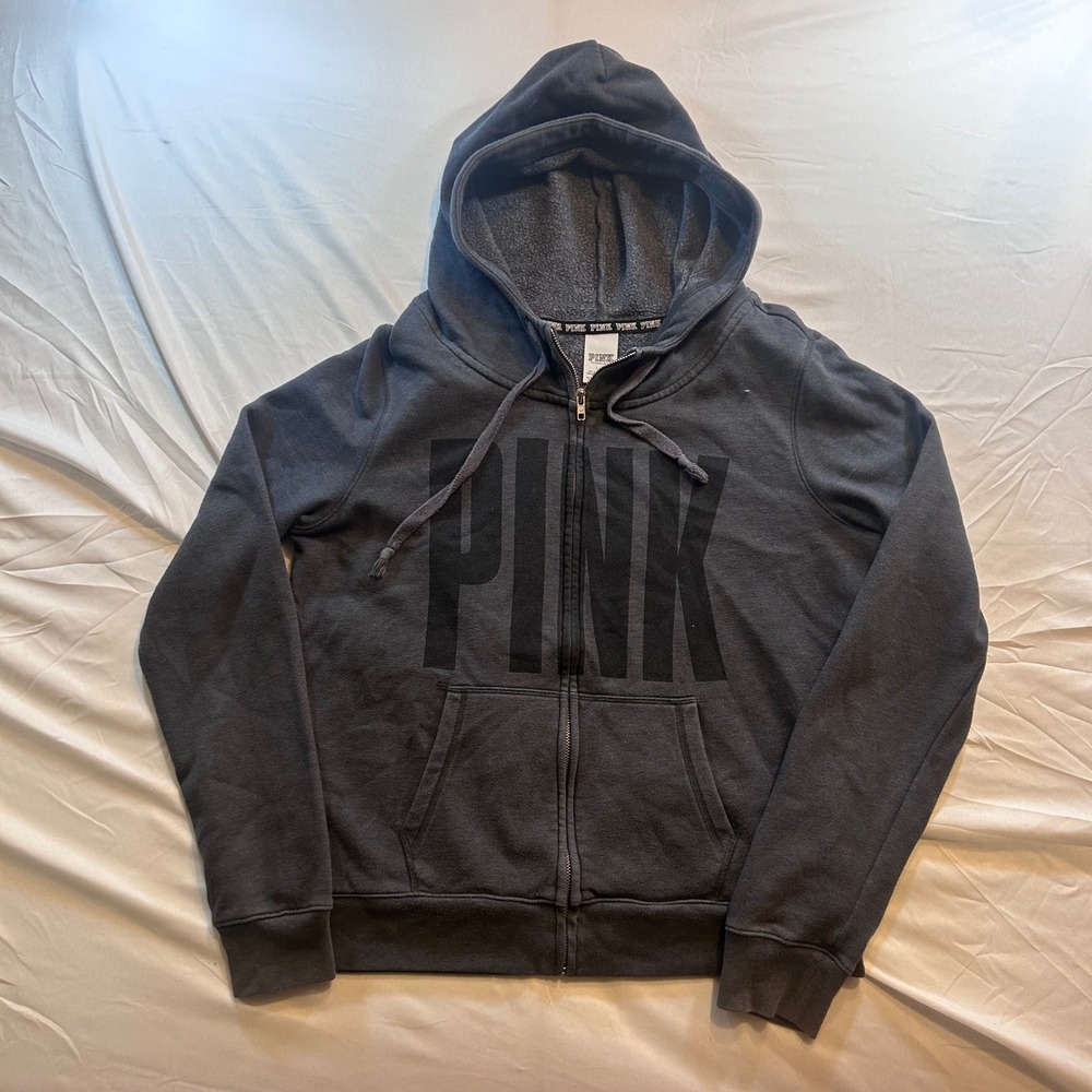 Victorias Secret PINK Full Zip Hoodie Charcoal Gray Black Logo Large